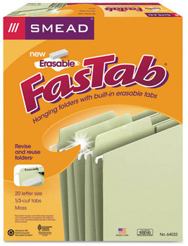 Smead™ Erasable FasTab® Hanging Folders Letter Size, 1/3-Cut Tabs, Moss, 20/Box