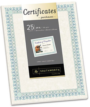 Southworth® Parchment Certificates,  Ivory w/Green & Blue Border, 24 lbs., 8-1/2 x 11, 25/PK