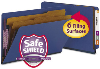 Smead™ End Tab Colored Pressboard Classification Folders with SafeSHIELD® Coated Fasteners Six 2" Expansion, 2 Dividers, Legal Size, Dark Blue, 10/Box