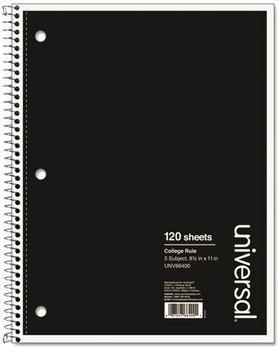 Universal® Wirebound Notebook 3-Subject, Medium/College Rule, Black Cover, (120) 11 x 8.5 Sheets