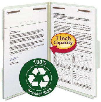 Smead™ 100% Recycled Pressboard Fastener Folders 1" Expansion, 2 Fasteners, Legal Size, Gray-Green Exterior, 25/Box
