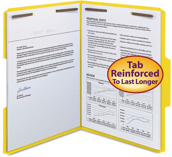 Smead™ WaterShed® CutLess® Reinforced Top Tab Fastener Folders 0.75" Expansion, 2 Fasteners, Letter Size, Yellow Exterior, 50/Box