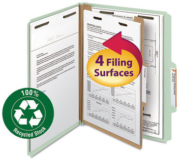 Smead™ 100% Recycled Pressboard Classification Folders 2" Expansion, 1 Divider, 4 Fasteners, Letter Size, Gray-Green, 10/Box
