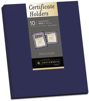 Southworth® Certificate Holder,  Navy, Linen, 105 lbs., 12 x 9-1/2, 10/Pack