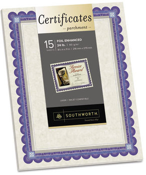 Southworth® Parchment Certificates,  Ivory/Blue/Silver, 24 lb, 8.5 x 11, 15/Pk