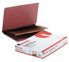 A Picture of product UNV-10316 Universal® Red Pressboard End Tab Classification Folders 2" Expansion, 2 Dividers, 6 Fasteners, Legal Size, Exterior, 10/Box