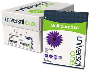 Universal® Deluxe Multipurpose Paper 98 Bright, 3-Hole, 20 lb Bond Weight, 8.5 x 11, White, 500 Sheets/Ream, 10 Reams/Carton
