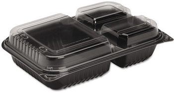 SOLO® Cup Company Hinged-Lid Dinner Box,  3-Comp, Black/Clear, 32oz, 11 1/2w x 8.05d x 2.95h, 100/Carton