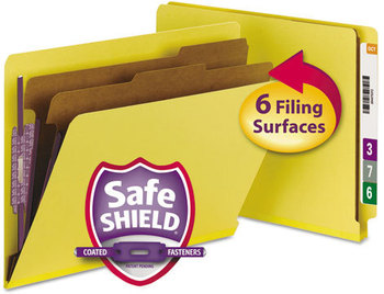 Smead™ End Tab Colored Pressboard Classification Folders with SafeSHIELD® Coated Fasteners Six 2" Expansion, 2 Dividers, Letter Size, Yellow, 10/Box