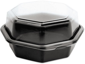 Creative Carryouts® OctaView® Plastic Hinged Lid Cold Food Containers. 21 oz. 6.76 X 6.3 X 3.15 in. Black and Clear. 200 count.