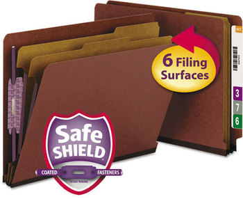 Smead™ End Tab Pressboard Classification Folders With SafeSHIELD® Coated Fasteners Six 2" Expansion, 2 Dividers, Letter Size, Red, 10/Box