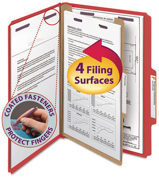 Smead™ Four-Section Colored Pressboard Top Tab Classification Folders with SafeSHIELD® Coated Fasteners Four 1 Divider, Legal Size, Bright Red, 10/Box