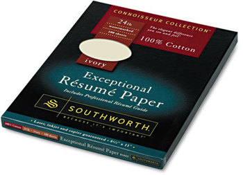 Southworth® 100% Cotton Résumé Paper,  Ivory, 24 lbs., 8-1/2 x 11, Wove, 100/Box