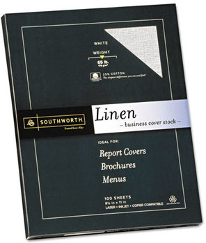Southworth® 25% Cotton Linen Cover Stock,  White, 65 lbs, 8-1/2 x 11, 100/Box, FSC