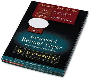 Southworth® 100% Cotton Résumé Paper,  White, 24 lbs., Wove, 8-1/2 x 11, 100/Box