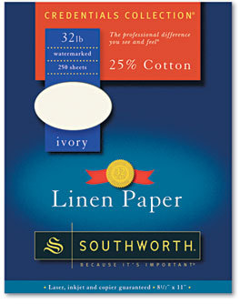 Southworth® 25% Cotton Linen Business Paper. 32 lbs. 8-1/2 X 11 in. Ivory. 250 sheets.