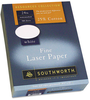 Southworth® 25% Cotton Laser Paper,  White, 24 lbs., Smooth Finish, 8-1/2 x 11,  500/Box
