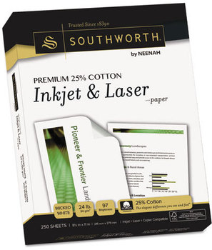 Southworth® Premium 25% Cotton Inkjet and Laser Paper. 24 lb. 8.5 X 11 in. 97 Wicked White. 250 sheets.