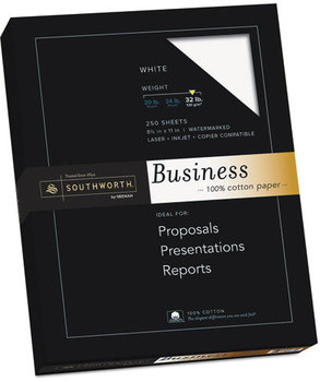 Southworth® 100% Cotton Business Paper,  White, 32 lbs., 8-1/2 x 11, 250/Box