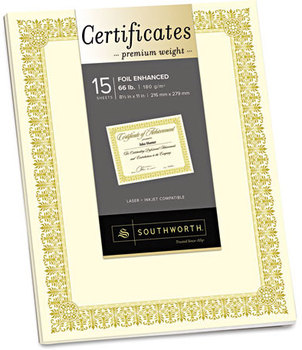 Southworth® Premium Certificates,  Ivory , Fleur Gold Foil Border, 66 lb, 8.5 x 11, 15/Pack