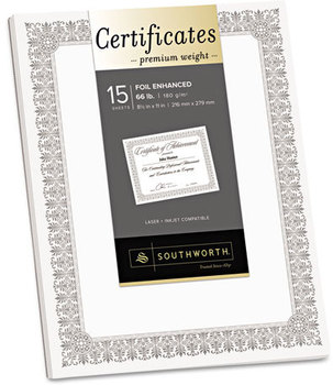 Southworth® Premium Certificates,  White, Fleur Silver Foil Border, 66 lb, 8.5 x 11, 15/Pack