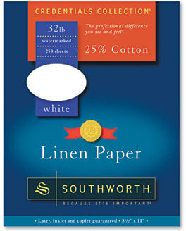 Southworth® 25% Cotton Linen Business Paper,  32 lbs., 8-1/2 x 11, White, 250/Box