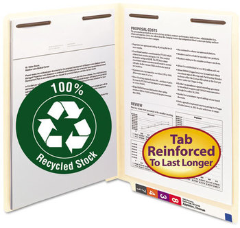 Smead™ 100% Recycled Manila End Tab Fastener Folders 0.75" Expansion, 2 Fasteners, Letter Size, Exterior, 50/Box