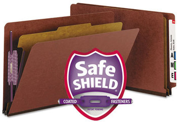 Smead™ End Tab Pressboard Classification Folders With SafeSHIELD® Coated Fasteners Four 2" Expansion, 1 Divider, Legal Size, Red, 10/Box