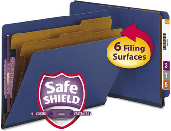 Smead™ End Tab Colored Pressboard Classification Folders with SafeSHIELD® Coated Fasteners Six 2" Expansion, 2 Dividers, Letter Size, Dark Blue, 10/Box