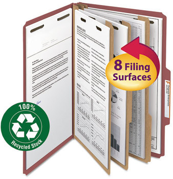 Smead™ 100% Recycled Pressboard Classification Folders 3" Expansion, 3 Dividers, 8 Fasteners, Legal Size, Red Exterior, 10/Box