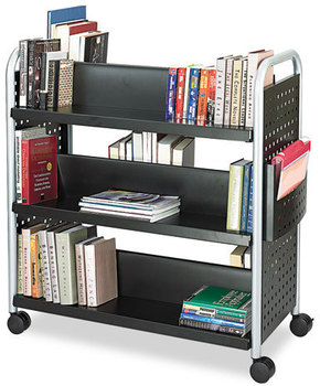 Safco® Scoot™ Book Cart Double-Sided Metal, 6 Shelves, 1 Bin, 41.25" x 17.75" Black