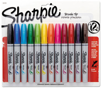 Sharpie® Brush Tip Permanent Marker,  Brush Tip, Assorted, 12/Set