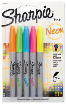 Sharpie® Neon Permanent Markers,  Assorted, 5/Pack