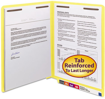 Smead™ Heavyweight Colored End Tab Fastener Folders 0.75" Expansion, 2 Fasteners, Letter Size, Yellow Exterior, 50/Box