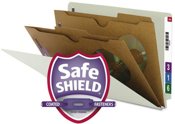 Smead™ Extra-Heavy Two Pocket Divider End Tab Pressboard Classification Folders with SafeSHIELD® Coated Fasteners X-Heavy Six 2 Dividers, Legal Size, Gray-Green, 10/Box