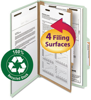 Smead™ 100% Recycled Pressboard Classification Folders 2" Expansion, 1 Divider, 4 Fasteners, Legal Size, Gray-Green, 10/Box