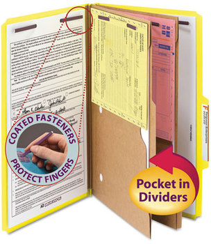 Smead™ Six-Section Pressboard Top Tab Pocket-Style Classification Folders with SafeSHIELD® Coated Fasteners 6-Section Pocket 6 2 Dividers, Legal Size, Yellow, 10/Box