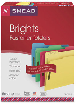 Smead™ Top Tab Colored Fastener Folders 0.75" Expansion, 2 Fasteners, Letter Size, Assorted Colors, 50/Box