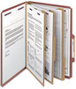 A Picture of product SMD-19092 Smead™ Pressboard Classification Folders with SafeSHIELD® Coated Fasteners Eight 2/5-Cut Tabs, 3 Dividers, Legal Size, Red, 10/Box