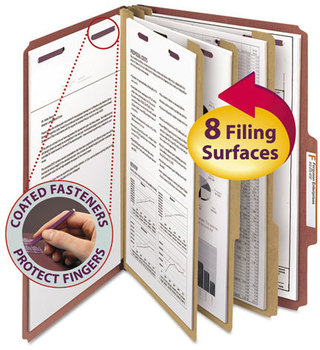 Smead™ Pressboard Classification Folders with SafeSHIELD® Coated Fasteners Eight 2/5-Cut Tabs, 3 Dividers, Legal Size, Red, 10/Box