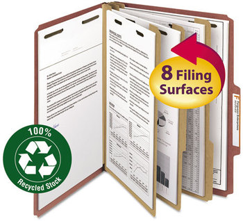 Smead™ 100% Recycled Pressboard Classification Folders 3" Expansion, 3 Dividers, 8 Fasteners, Letter Size, Red Exterior, 10/Box