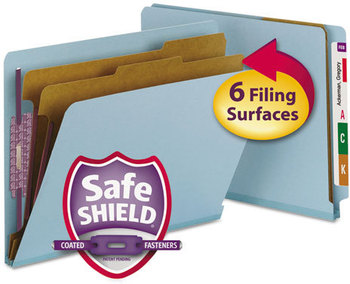 Smead™ End Tab Colored Pressboard Classification Folders with SafeSHIELD® Coated Fasteners Six 2" Expansion, 2 Dividers, Letter Size, Blue, 10/Box