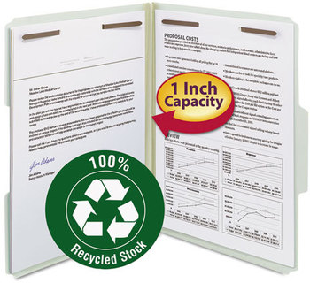 Smead™ 100% Recycled Pressboard Fastener Folders 1" Expansion, 2 Fasteners, Letter Size, Gray-Green Exterior, 25/Box