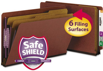 Smead™ End Tab Pressboard Classification Folders With SafeSHIELD® Coated Fasteners Six 2" Expansion, 2 Dividers, Legal Size, Red, 10/Box