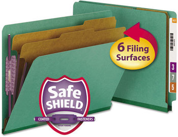 Smead™ End Tab Colored Pressboard Classification Folders with SafeSHIELD® Coated Fasteners Six 2" Expansion, 2 Dividers, Letter Size, Green, 10/Box