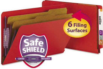 Smead™ End Tab Colored Pressboard Classification Folders with SafeSHIELD® Coated Fasteners Six 2" Expansion, 2 Dividers, Legal Size, Bright Red, 10/Box