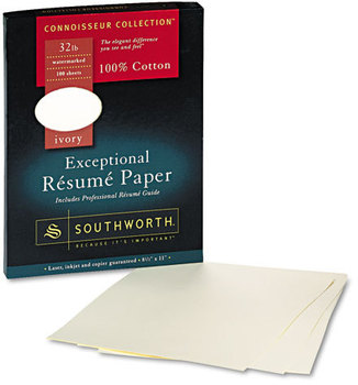 Southworth® 100% Cotton Résumé Paper,  32 lbs., 8-1/2 x 11, Ivory, Wove, 100/Box