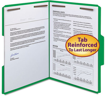 Smead™ WaterShed® CutLess® Reinforced Top Tab Fastener Folders 0.75" Expansion, 2 Fasteners, Letter Size, Green Exterior, 50/Box