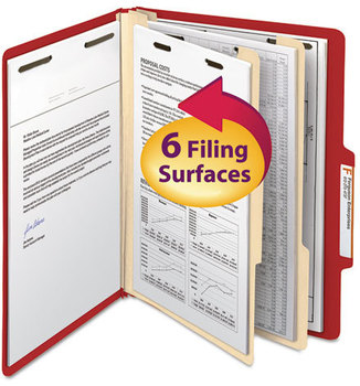 Smead™ Colored Top Tab Classification Folders with SafeSHIELD® Coated Fasteners Six 2" Expansion, 2 Dividers, Letter Size, Red Exterior, 10/Box