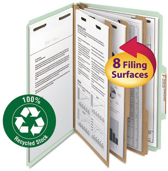 Smead™ 100% Recycled Pressboard Classification Folders 3" Expansion, 3 Dividers, 8 Fasteners, Legal Size, Gray-Green, 10/Box